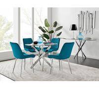 Novara Clear Tempered Glass 100cm Round Dining Table with Chrome Starburst Legs & 4 Pesaro Velvet Silver Leg Chairs FurnitureboxUK Blue One Size