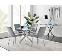 Novara Clear Tempered Glass 100cm Round Dining Table with Chrome Starburst Legs & 4 Pesaro Velvet Silver Leg Chairs FurnitureboxUK Grey One Size