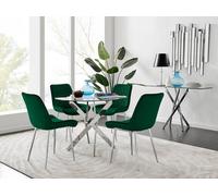 Novara Clear Tempered Glass 100cm Round Dining Table with Chrome Starburst Legs & 4 Pesaro Velvet Silver Leg Chairs FurnitureboxUK Green One Size