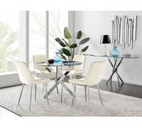 Novara Clear Tempered Glass 100cm Round Dining Table with Chrome Starburst Legs & 4 Pesaro Velvet Silver Leg Chairs FurnitureboxUK Cream One Size