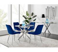 Furnitureboxuk Novara Clear Tempered Glass 100Cm Round Dining Table With Chrome Starburst Legs & 4 Pesaro Velvet Silver Leg Chairs In White White