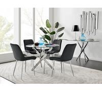 Novara Clear Tempered Glass 100cm Round Dining Table with Chrome Starburst Legs & 4 Pesaro Velvet Silver Leg Chairs FurnitureboxUK Black One Size