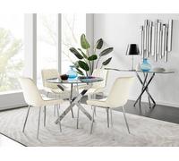Furnitureboxuk Novara Clear Tempered Glass 100Cm Round Dining Table With Chrome Starburst Legs & 4 Pesaro Velvet Silver Leg Chairs In Cream Cream