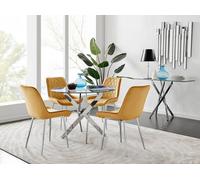 Novara Clear Tempered Glass 100cm Round Dining Table with Chrome Starburst Legs & 4 Pesaro Velvet Silver Leg Chairs FurnitureboxUK Mustard One Size