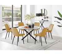 Furniturebox Novara Grey Concrete Effect 120Cm Round Dining Table With Black Starburst Legs & 6 Mustard Pesaro Velvet Chairs