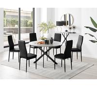 Furniture Box Novara Grey Concrete Effect Black Leg 120Cm Round Dining Table and 6 Black Velvet Milan Black Leg Chairs, Grey