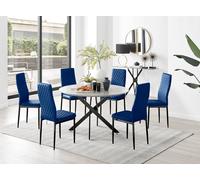 Furnitureboxuk Novara Grey Concrete Effect Black Leg 120Cm Round Dining Table & 6 Velvet Milan Black Leg Chairs In Navy Navy One Size