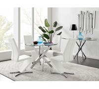 Novara Round 100cm Chrome Metal And Glass Dining Table And 4 Willow Dining Chairs Set FurnitureboxUK White One Size