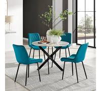Furnitureboxuk Novara White Marble Black Leg Round Dining Table & 4 Pesaro Chairs In Blue Blue