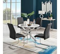 Furniturebox Novara White Marble Effect 100Cm Round Dining Table With Chrome Starburst Legs & 4 Black Faux Leather Lorenzo Chairs