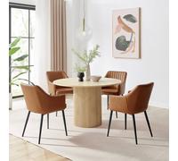 FurnitureboxUK Penrose Oak Effect Round Dining Table & 4 Calla Faux Leather Chairs in Tan FurnitureboxUK Tan
