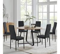 Furniture Box Santorini Brown Round Dining Table and 6 Black Milan Black Leg Chairs, Brown