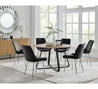 Santorini Brown Round Dining Table with 6 Pesaro Silver Leg Chairs - Black