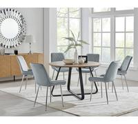 Santorini Brown Round Dining Table with 6 Pesaro Silver Leg Chairs - Grey