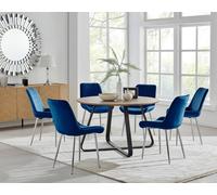 Santorini Brown Round Dining Table with 6 Pesaro Silver Leg Chairs - Navy