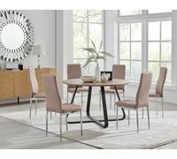 Santorini Brown Wood Effect Dining Table & 6 Milan Chrome Leg Chairs FurnitureboxUK Beige One Size