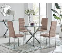 Selina Chrome Round Glass Dining Table With Four Milan Dining Chairs - Cappuccino