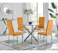 Selina Chrome Round Glass Dining Table With Four Milan Dining Chairs - Mustard