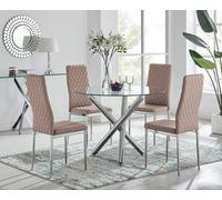 FurnitureboxUK Selina Chrome Round Glass Dining Table & 4 Milan Dining Chairs in Beige | Size: 4 Person FurnitureboxUK Beige 4 Person