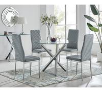 Selina Chrome Round Glass Dining Table and 4 Milan Dining Chairs FurnitureboxUK Grey 4 Person