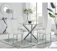 Selina Chrome Round Glass Dining Table With Four Milan Dining Chairs - White