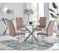 Selina Round Glass And Chrome Metal Dining Table And Lorenzo Chairs Set FurnitureboxUK Beige 4 Person