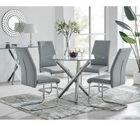Selina Round Glass And Chrome Metal Dining Table And Lorenzo Chairs Set FurnitureboxUK Grey 4 Person