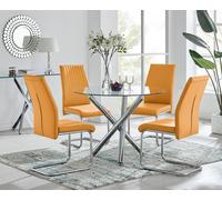 Selina Round Glass And Chrome Metal Dining Table And Lorenzo Chairs Set FurnitureboxUK Mustard 2 Person