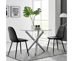 Furnitureboxuk Selina Round Glass Chrome Leg Dining Table And 2 Corona Black Leg Chairs Black