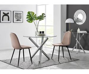 Furnitureboxuk Selina Round Glass Chrome Leg Dining Table And 2 Corona Black Leg Chairs In Beige Beige