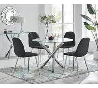 Selina Round Glass Chrome Leg Dining Table and Corona Silver Leg Chairs FurnitureboxUK Black 4 Person