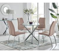 Selina Round Glass Chrome Leg Dining Table and Isco Chairs FurnitureboxUK Beige 4 Person