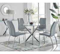 Furnitureboxuk Selina Round Glass Chrome Leg Dining Table And Isco Chairs In Grey Grey 4 Person