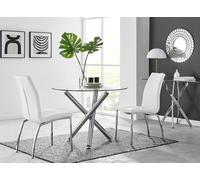 Selina Round Glass Chrome Leg Dining Table and Isco Chairs FurnitureboxUK Off White 4 Person