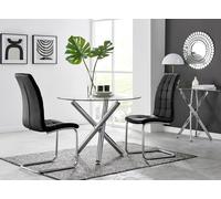 FurnitureboxUK Selina Round Glass Chrome Leg Dining Table & Murano Chairs in Black | Size: 4 Person FurnitureboxUK Black 4 Person