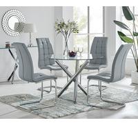 Selina Round Glass Chrome Leg Dining Table and Murano Chairs FurnitureboxUK Grey 4 Person