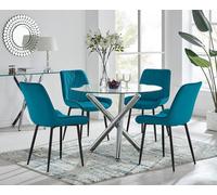 Furnitureboxuk Selina Round Glass Chrome Leg Dining Table And Pesaro Black Leg Chairs In Blue Blue 4 Person