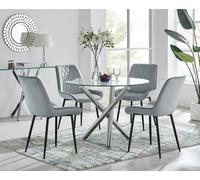 Selina Round Glass Chrome Leg Dining Table and Pesaro Black Leg Chairs FurnitureboxUK Grey 4 Person