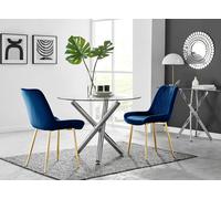 FurnitureboxUK Selina Round Glass Chrome Leg Dining Table & Pesaro Gold Leg Chairs in Navy | Size: 2 Person FurnitureboxUK Navy 2 Person