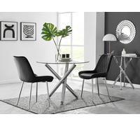 Selina Round Glass Chrome Leg Dining Table and Pesaro Silver Leg Chairs FurnitureboxUK Black 4 Person