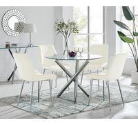 Selina Round Glass Chrome Leg Dining Table and Pesaro Silver Leg Chairs FurnitureboxUK Cream 4 Person