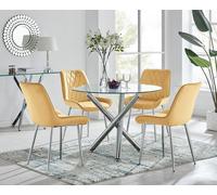Selina Round Glass Chrome Leg Dining Table and Pesaro Silver Leg Chairs FurnitureboxUK Mustard 4 Person