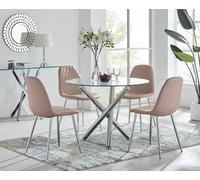 Selina Round Glass Chrome Leg Dining Table and Corona Silver Leg Chairs FurnitureboxUK Beige 4 Person
