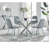Selina Round Glass Chrome Leg Dining Table and Corona Silver Leg Chairs FurnitureboxUK Grey 4 Person