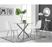 Selina Round Glass Chrome Leg Dining Table and Corona Silver Leg Chairs FurnitureboxUK Off White 2 Person