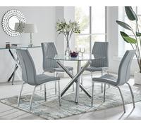FurnitureboxUK Selina Round Glass Chrome Leg Dining Table & Isco Chairs in Grey | Size: 4 Person FurnitureboxUK Grey 4 Person