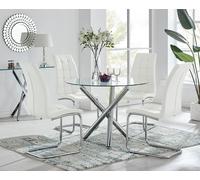 Selina Round Glass Chrome Leg Dining Table and Murano Chairs FurnitureboxUK Off White 4 Person