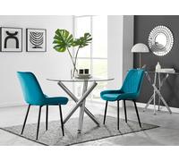FurnitureboxUK Selina Round Glass Chrome Leg Dining Table & Pesaro Black Leg Chairs in Blue | Size: 4 Person FurnitureboxUK Blue 4 Person