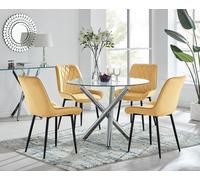 Selina Round Glass Chrome Leg Dining Table and Pesaro Black Leg Chairs FurnitureboxUK Mustard 4 Person