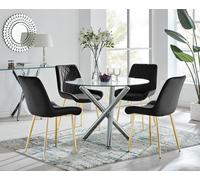 Selina Round Glass Chrome Leg Dining Table and Pesaro Gold Leg Chairs FurnitureboxUK Black 2 Person